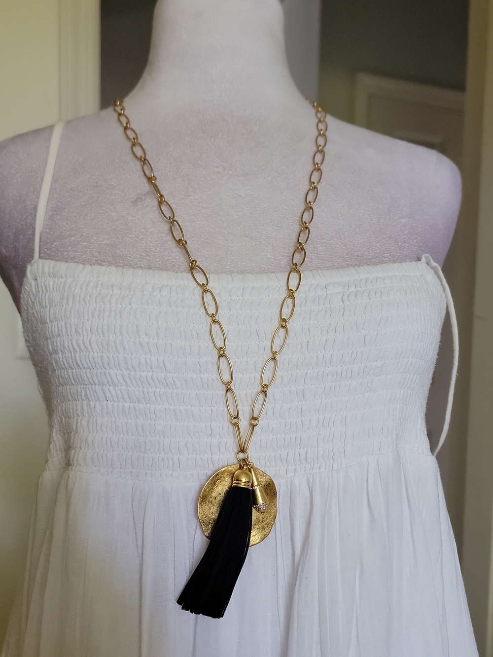 Stella And Dot Gold Link Necklace with Black Tassel Pendant